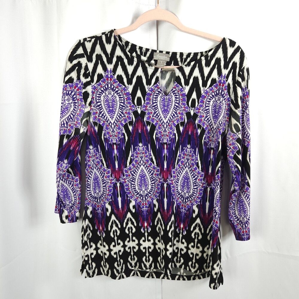 Chicos Travelers Purple Paisley Keyhole Tunic 3/4 Sleeve Womens 1 US 8